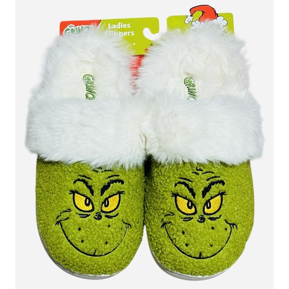 Dr. Seuss The Grinch Slippers Embroidered Faux Fur Green Sherpa L 9/10 NWT